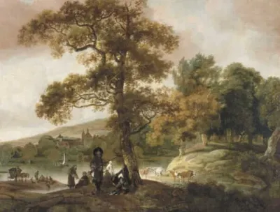 Distinguished Hunting Company on the Bank of a River