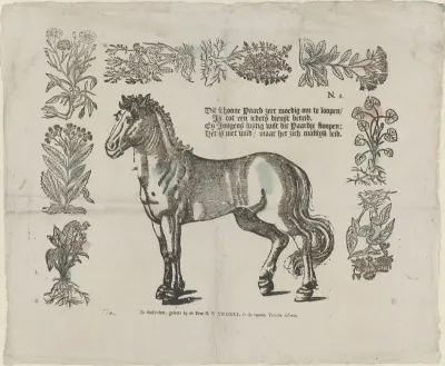 Dit schoone paard zeer moedig om te loopen / Is tot een ieders dienst bereid, / En jongens lustig wilt dit paardje koopen: / Het is niet wild / maar het zich maklyk leid