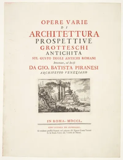 Diverse arkitektoniske værker, perspektiver, grotesker og antiker, tegnet og raderet af Giambattista Piranesi, venetiansk arkitekt. Titelblad