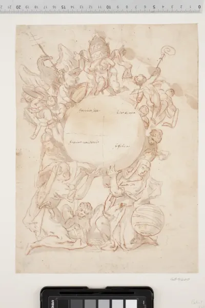 Diverse figurer, heriblandt Markusløven, en doge og en kvinde, ved hvis side man ser en globus, der er inddelt i fire felter med indskrifter som "America Sett.", "America meridionale", "Asiaeropa" og "Africa". Over globen leger putti og en ørn med de