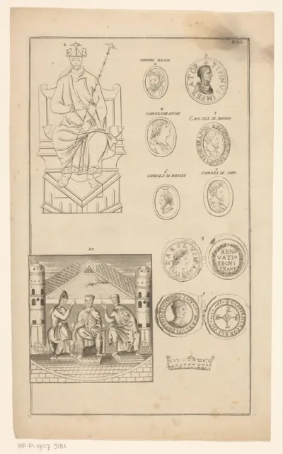 Diverse portretten van koningen en zegels van Karel de Grote