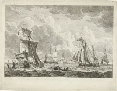 Diverse zeilschepen en een roeiboot