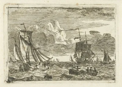 Diverse zeilschepen en een sloep op zee