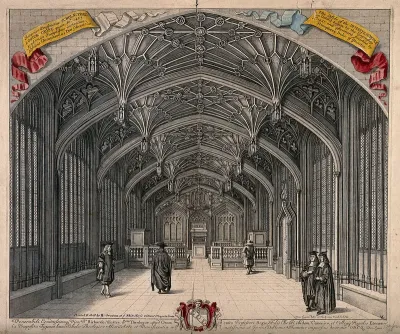 Divinity School, Oxford: interior of hall with coat of arms