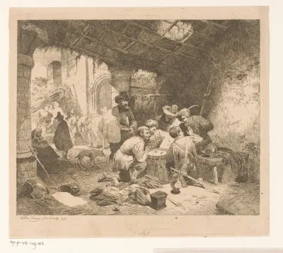 Dobbelende soldaten in een schuur