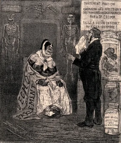 Doctor Cromm talks to a diseased prostitute; surrounded by macabre symbols of contemporary French politics