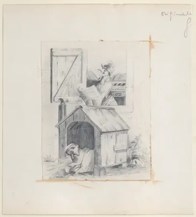Dog in doghouse; cock singing at window