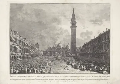 Doge wordt door menigte gedragen over het San Marco Plein