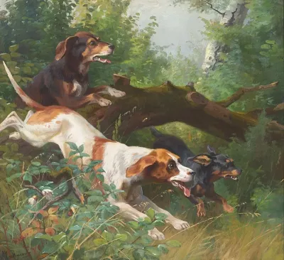 Dogs chasing through a forest.