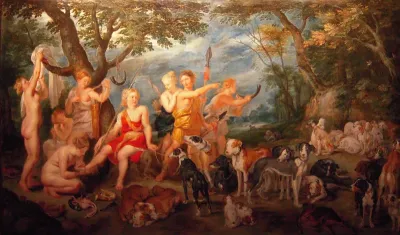 Dogs (detail) from Diana and Nymphs on point of leaving
