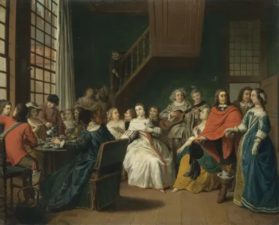 Domestic interior with elegant figures taking tea before others performing a play