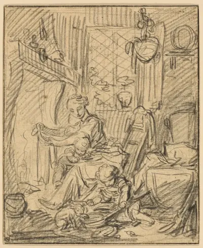 Domestic Scene: Mother with Two Small Children before a Mantelpiece