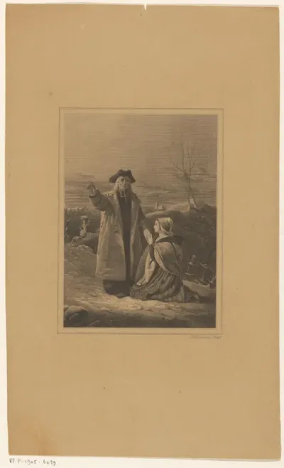 Dominee met een knielende vrouw in een landschap