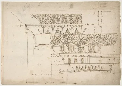 Domus Augustiana, cornice, elevation in profile, ornamental detailing (recto); Unidentified, cornice, elevation in profile, ornamental detailing (verso)