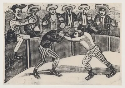 Don Chepito witnessing a boxing match between two men (one black, the other white)