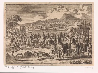 Don Pedro, regent van Portugal, begeeft zich na zijn huwelijk met Maria, hertogin van Aumale, van Lissabon naar Alcantara en wordt achtervolgd door gemaskerde edelen, 1668