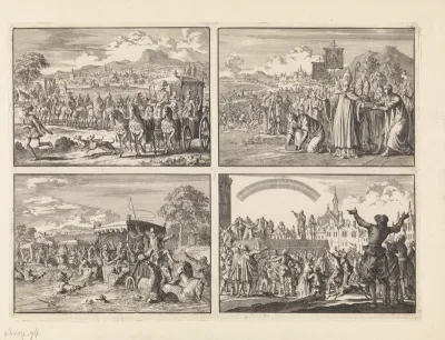 Don Pedro, regent van Portugal, begeeft zich na zijn huwelijk met Maria, hertogin van Aumale, van Lissabon naar Alcantara en wordt achtervolgd door gemaskerde edelen, 1668 / Aartsbisschop van Toulouse legt de eerste steen voor de sluis in het kanaal 