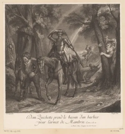 Don Quichot draagt een scheerbekken als helm
