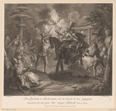 Don Quichot en Sancho op een houten paard