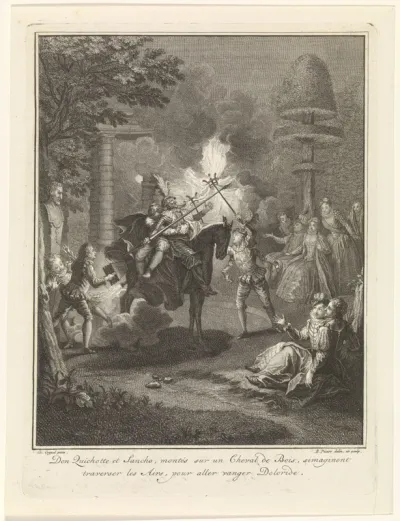 Don Quichot en Sancho Panza vechten op een houten paard