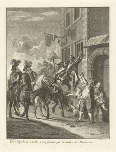 Don Quichot hangt aan een tralie van een herberg