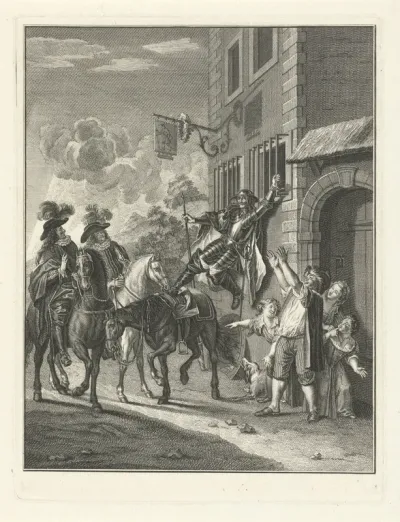 Don Quichot hangt aan een tralie van een herberg