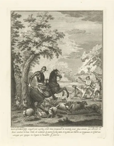 Don Quichot steekt op een kudde schapen in
