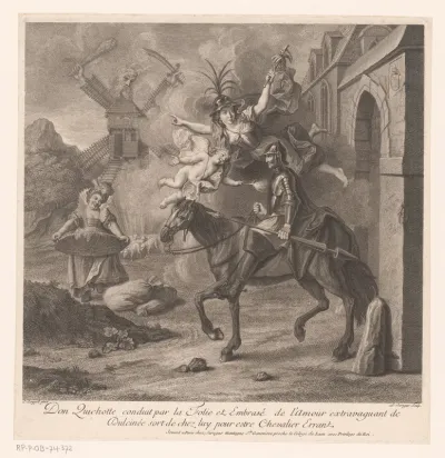 Don Quichot verlaat begeleid door de Dwaasheid zijn huis om dolend ridder te worden