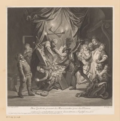 Don Quichot vernietigt een poppenkast met marionetten