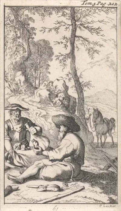 Don Quichotte drinkt met een kluizenaar wijn in een bos