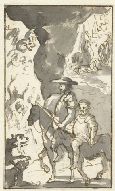 Don Quichotte en Sancho Panza rijden langs een smederij