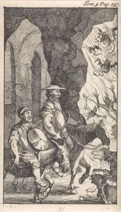 Don Quichotte en Sancho rijden langs een smederij die zij voor de ingang van de hel aanzien