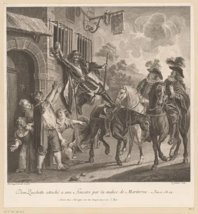 Don Quichotte vastgebonden aan een raam