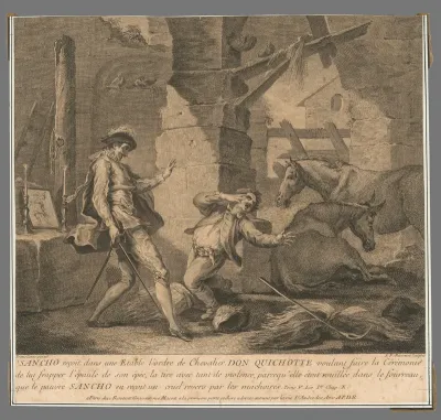 Don Quijot pasuje Sancha na rytiera