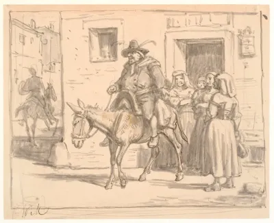 Don Quixote og Sancho Pansa forlader værtshuset