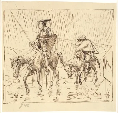 Don Quixote og Sancho Pansa rider i skylregn
