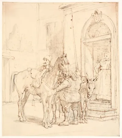 Don Quixote og Sancho Pansa uden for værtshuset