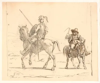 Don Quixote rider mod venstre, Sancho Pansa mod højre