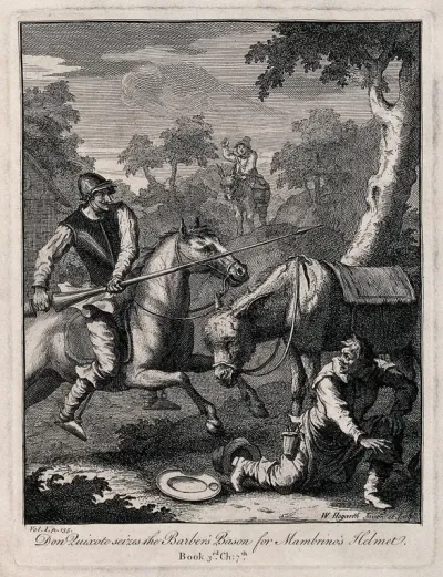 Don Quixote with a lance riding a horse attacks a barber