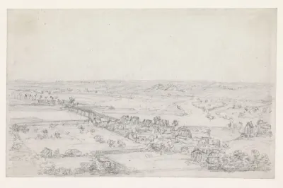 Donker heuvelachtig landschap, rechts huizen