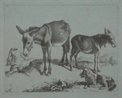 Donkey with her Foal, a Dog, and a Peasant Man