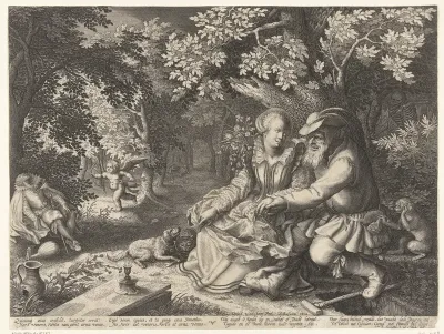 Dood en Cupido schieten elkaars pijlen af en oude man maakt jonge vrouw het hof