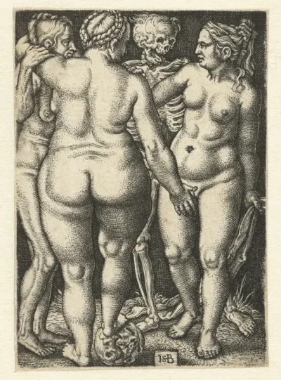 Dood en drie staande naakte vrouwen