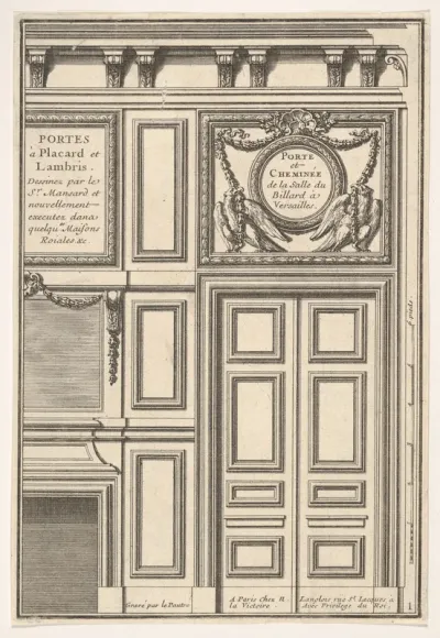 Door and Chimney of the Billiards room at Versailles, plate I from "Portes a Placard et Lambris"