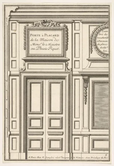 Door and Part of the Wall Paneling with Mirrored Glass from the House of Monsieur le Maître at Plessis Piquet, plate VI from "Portes a Placard et Lambris"