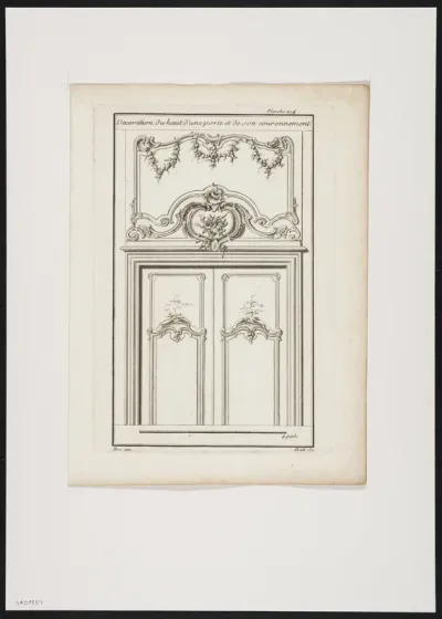 Door decorated with a cartouche, garlands and foliate scrolls.