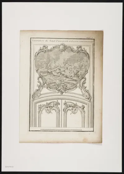 Door decorated with an antique scene in frame and foliate scrolls.