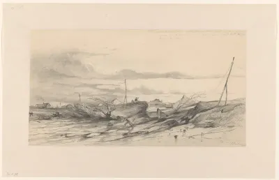 Doorbraak van de Westervoortsche dijk in den nacht van 5-6 maart 1855 Arnhem, uit het Felpsbroek te zien