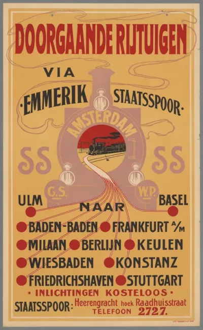 Doorgaande rijtuigen via Emmerik staatsspoor naar Ulm - Basel - Baden-Baden - Frankfurt a/M - Milaan (e.a.). Inlichtingen kosteloos. Staatsspoor