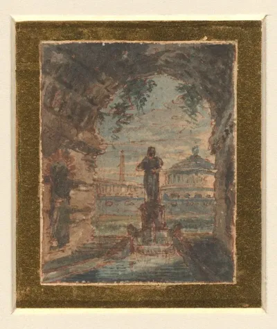 Doorkijk vanuit een rond gewelf op klassieke gebouwen